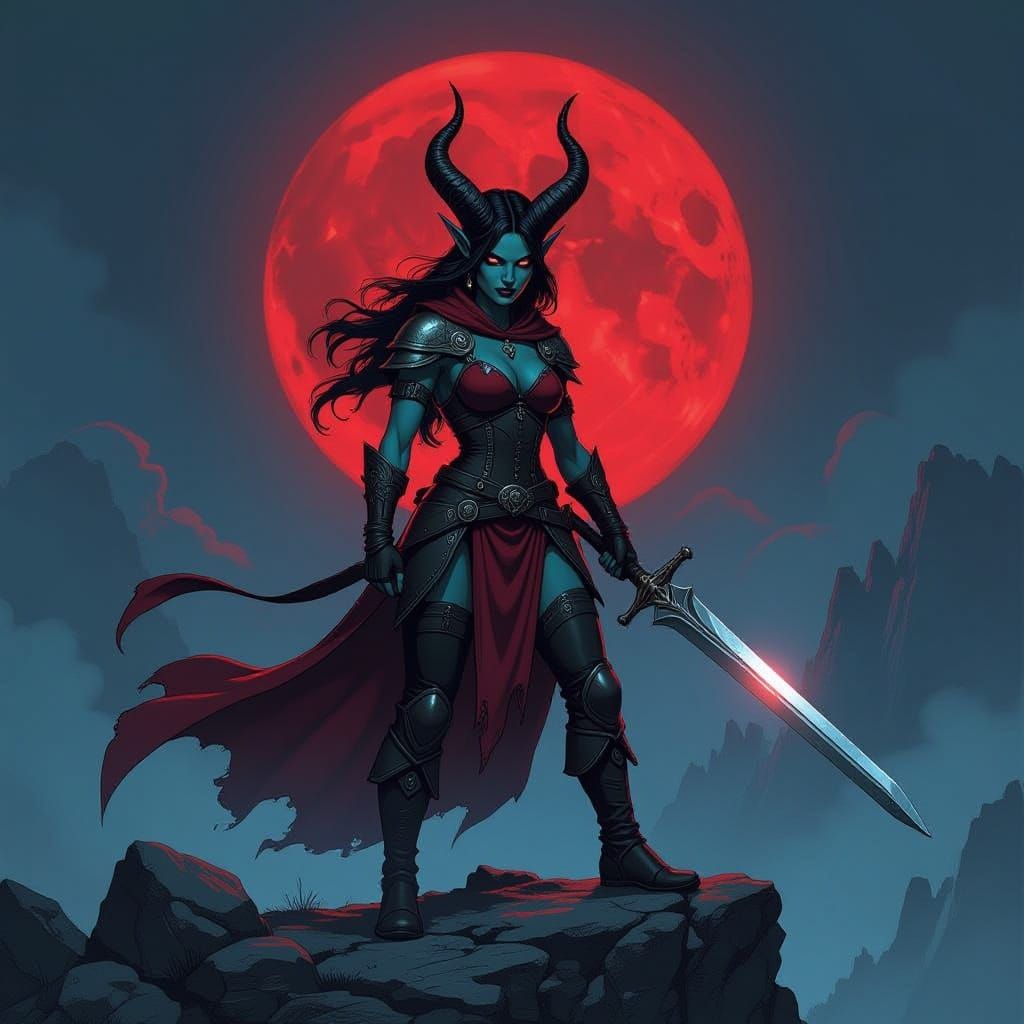 Dark Impressionistic Tiefling Warrior Under Blood Red Moon