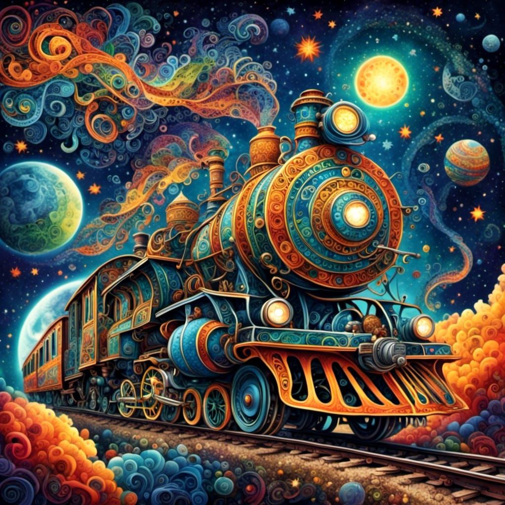 Steampunk Train Soars Through Space with Zentangle Art