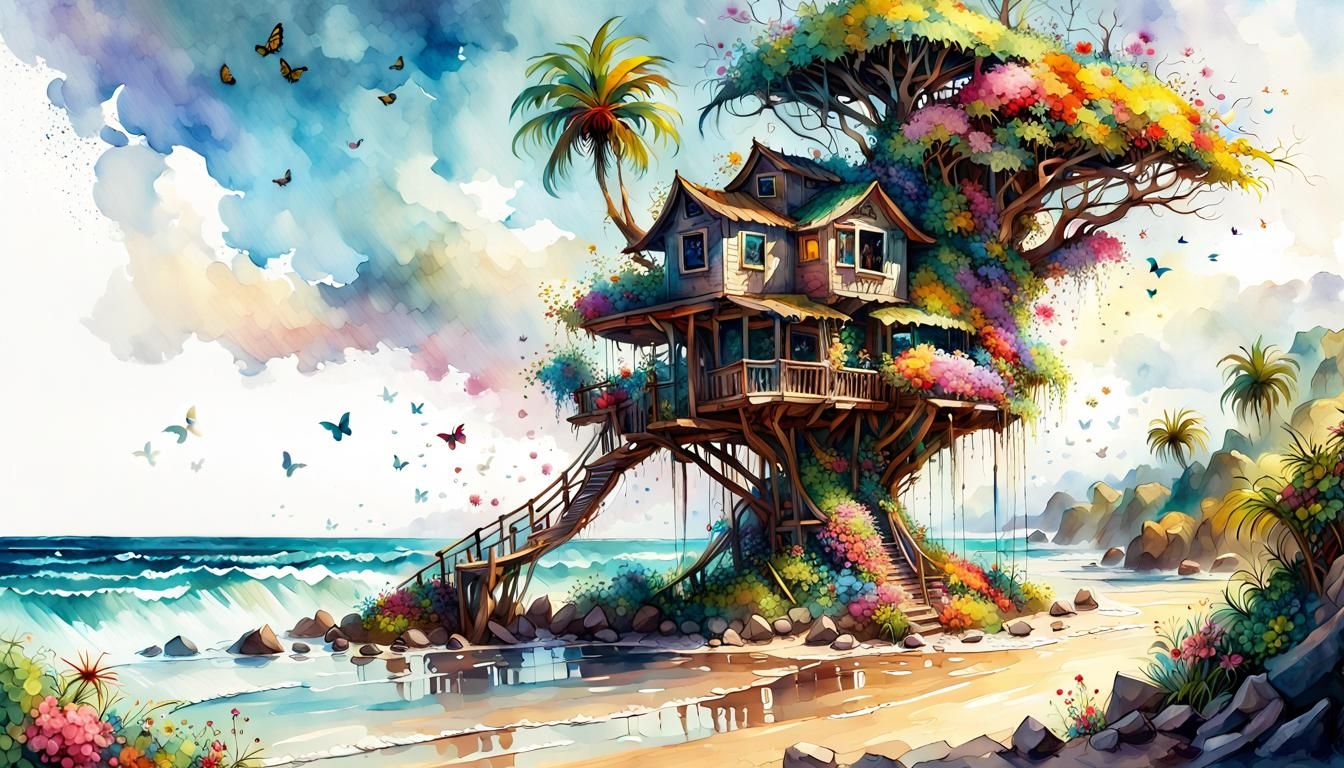 Tropical Treehouse: Digital Watercolor Illustration in Candy...