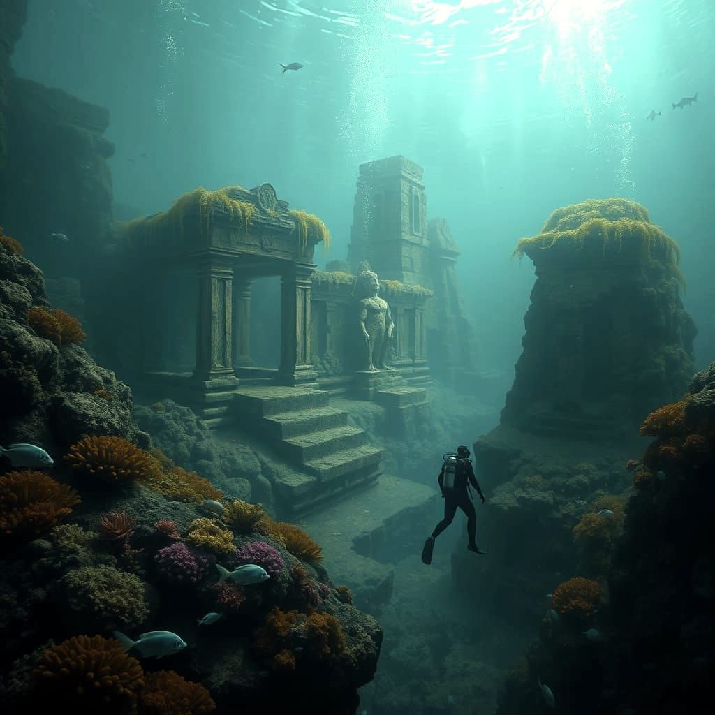 Diver Explores Underwater Ruins in Dramatic Style