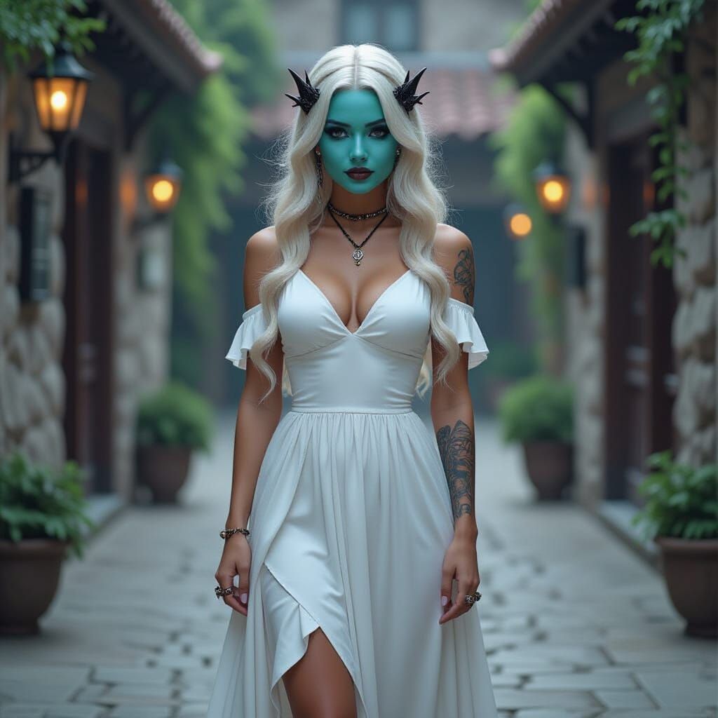 Smurfette as Charismatic Goth Woman in White Dress