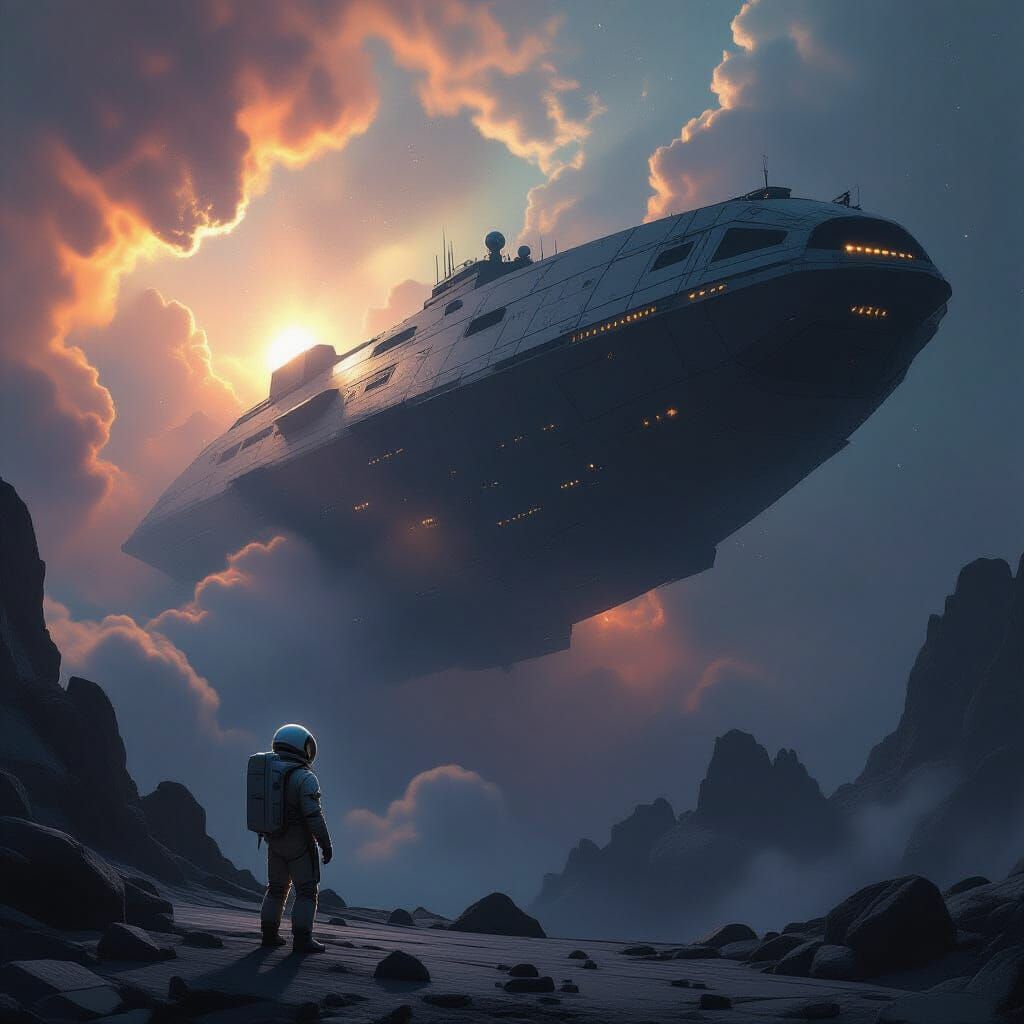 Astronaut Views Giant Spaceship Engulfed by Nebulae