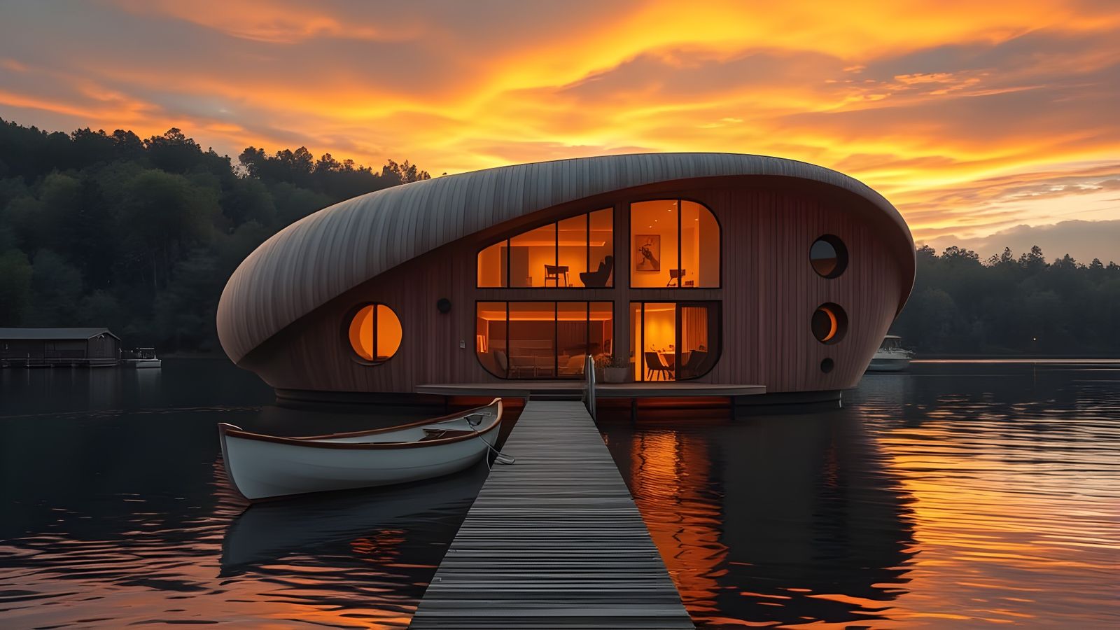 Futuristic Biomorphic House on Lake at Sunset