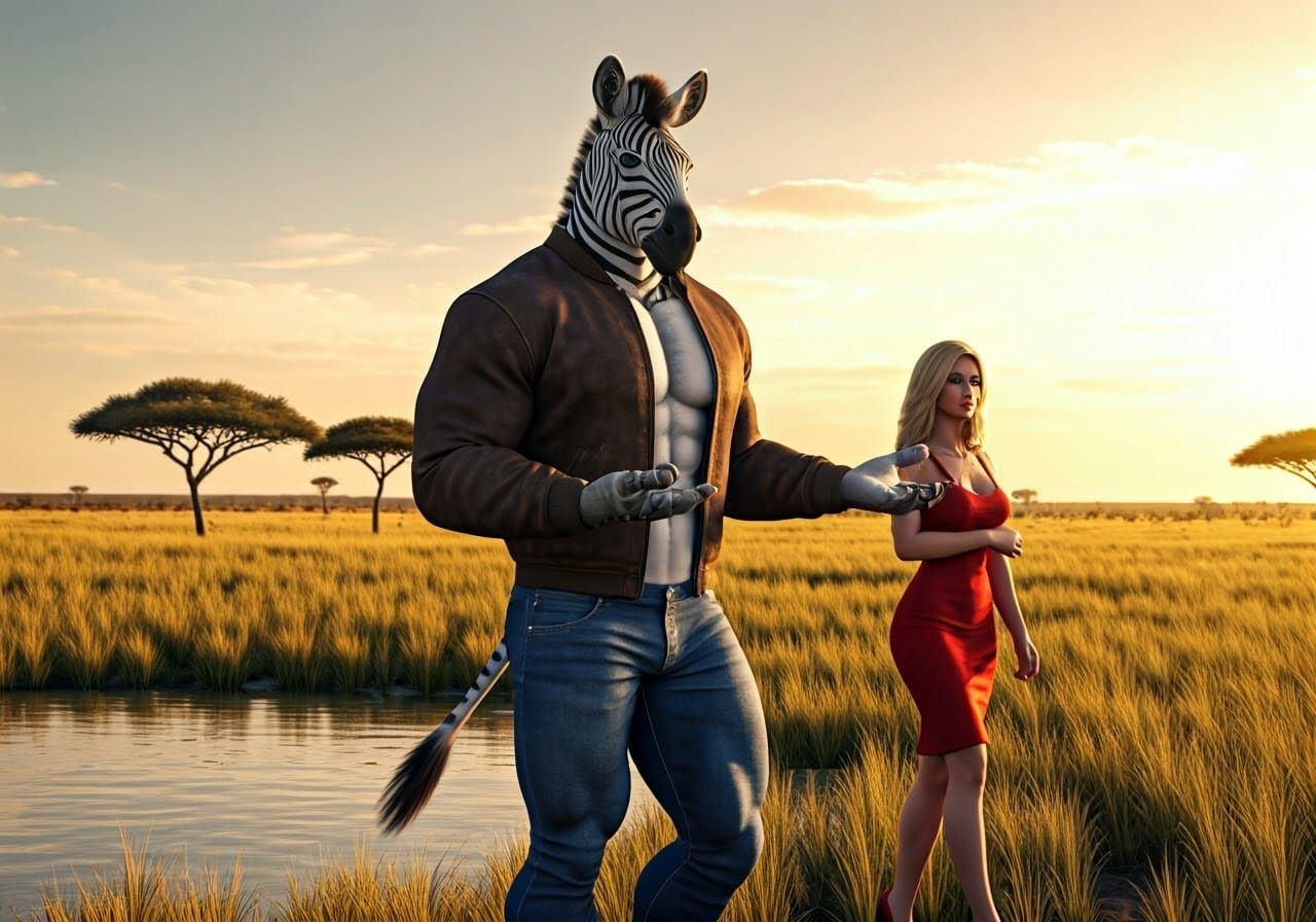 Savanna Sunset with Handsome Zebra Man and Bored Blonde Woma...