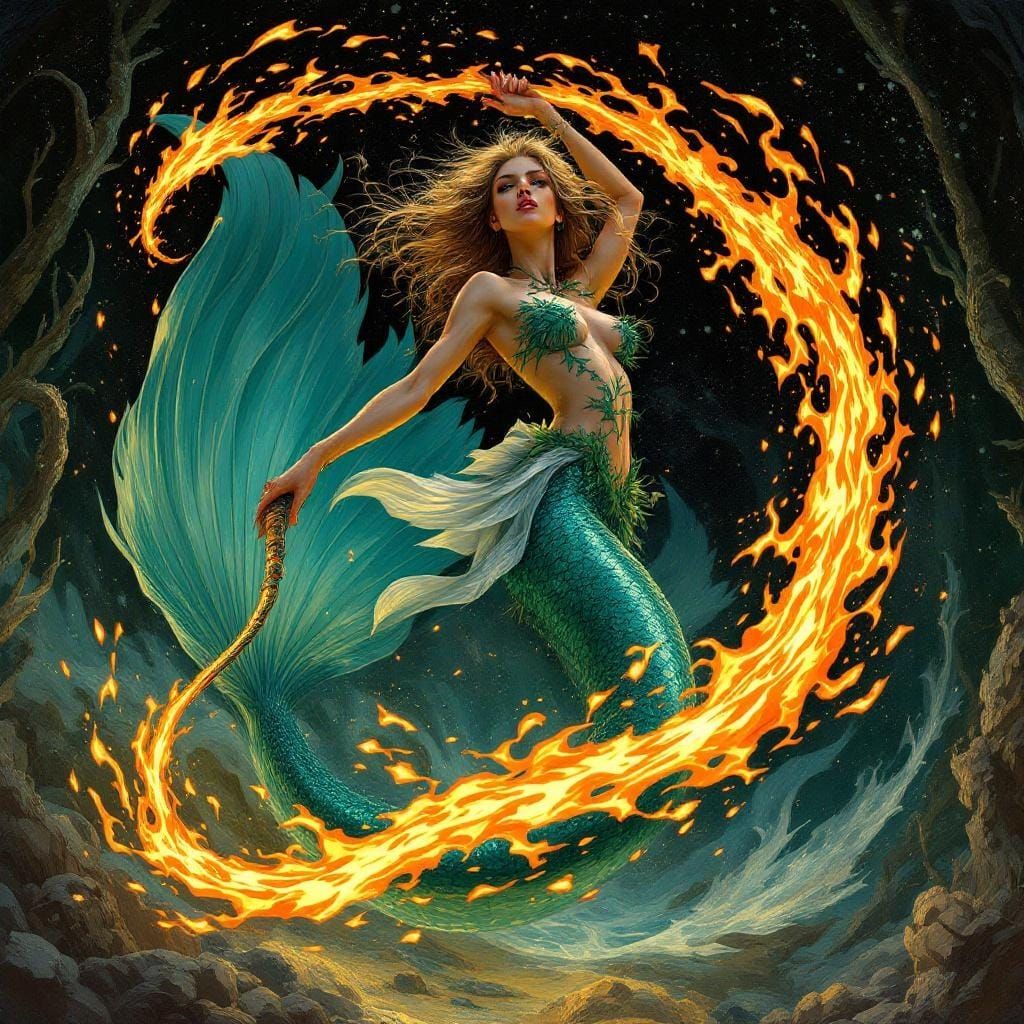 Mermaid Wielding Fire Whip in Retro-Futuristic Style