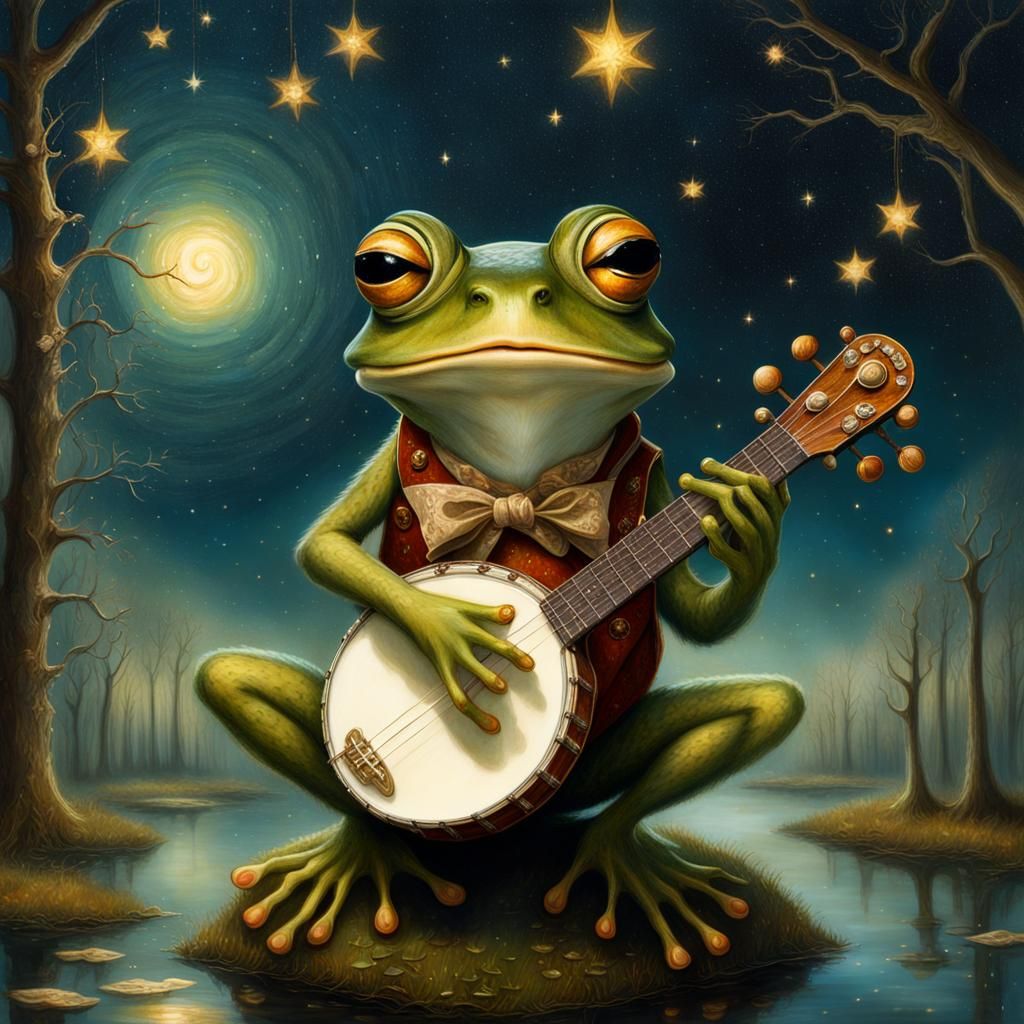 Surreal Frog Plays Banjo Under Starry Sky