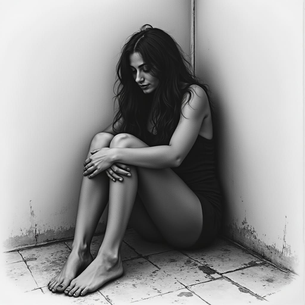 Woman in Charcoal Drawing Becomes Invisible in a Quiet Momen...