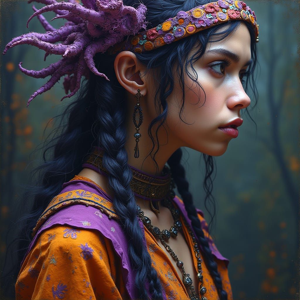 Woman and Druid Portrait in Collage Style