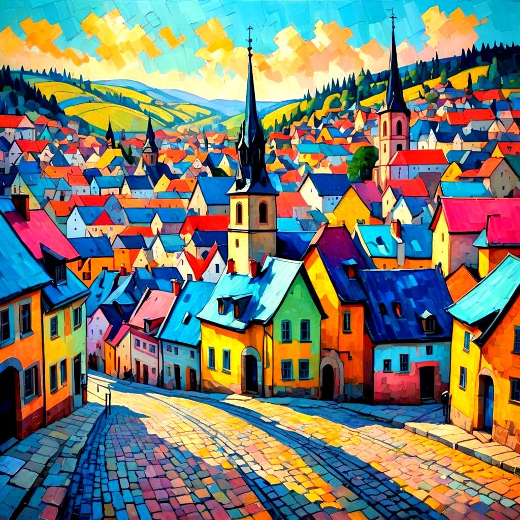 German Village Cityscape in Pastel Expressionist Style