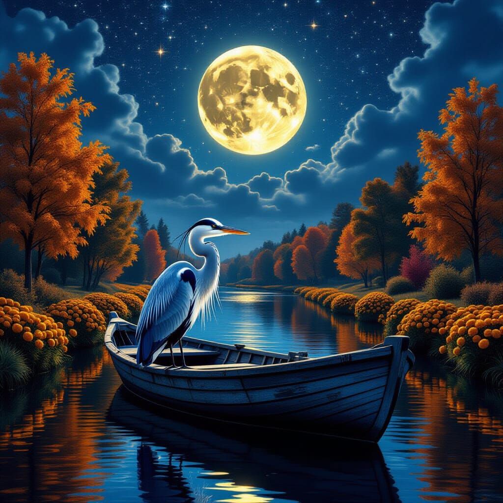 Majestic Heron on Rowboat Under Starry Night