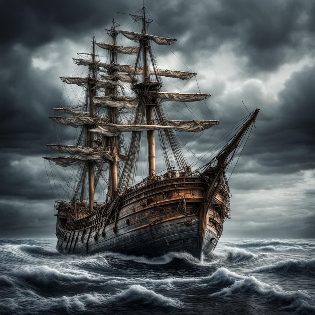 Hyperrealistic Image of a Ship Lost at Sea