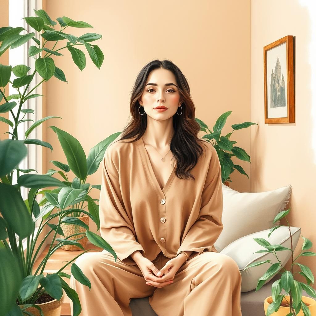 Serene Woman in Greenery: Watercolor Art