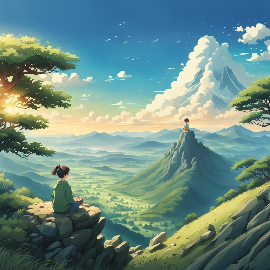 Girl Meditating on Mountain in Ghibli Anime Style
