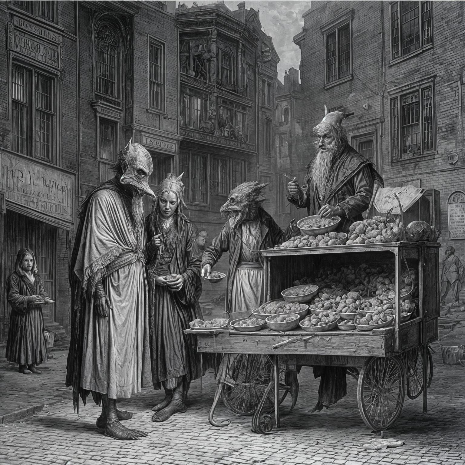 Night Creatures Serve Street Food: Gothic Horror Art