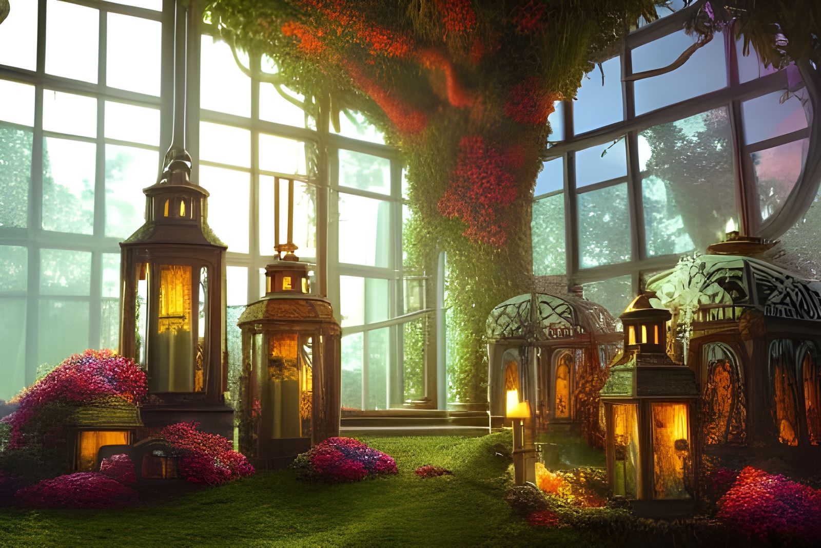 Terrarium Library with Candles: Sci-Fi Digital Art