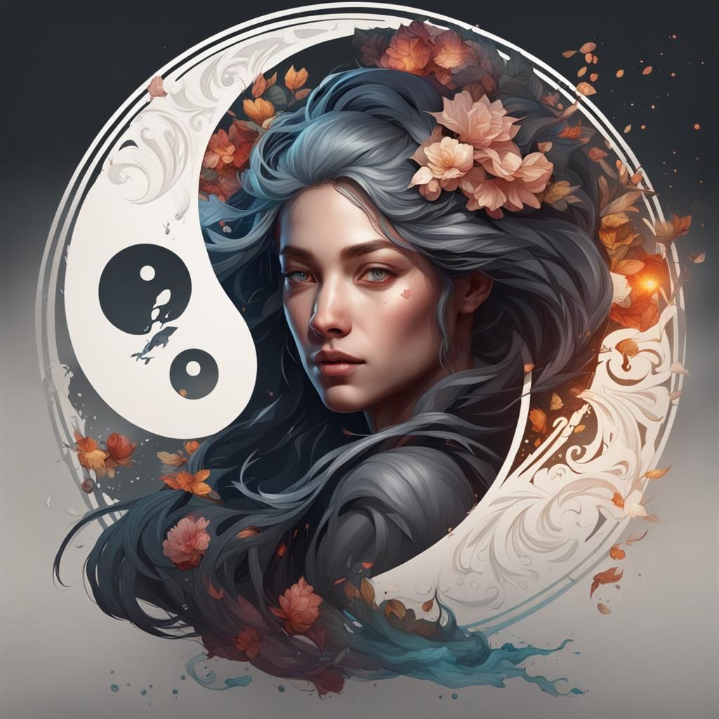 Detailed Yin Yang Portrait in Art Nouveau Style