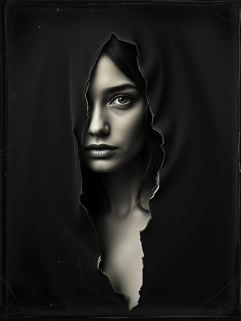 Shadows of a Woman's Form Emerge Through Tattered Black Clot...