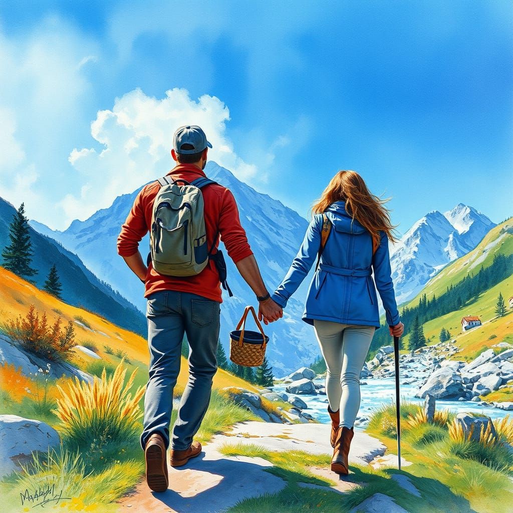 Couple Hiking in Alpine Landscape, Watercolor Style