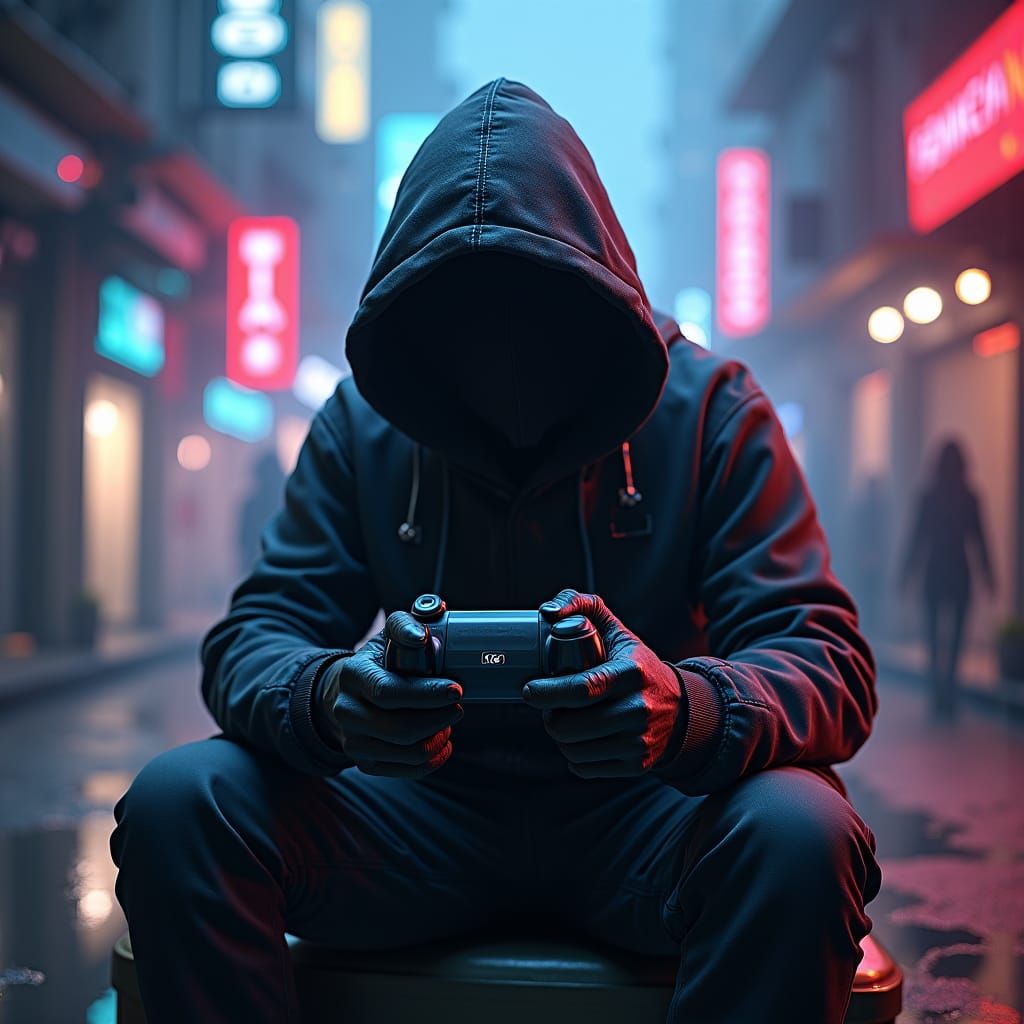 Futuristic Gamer in Neon City: Game Concept Art