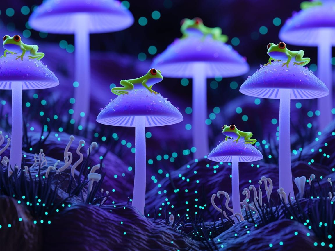 X-Ray Frogs on Bioluminescent Mushrooms in a Whimsical, Dark...