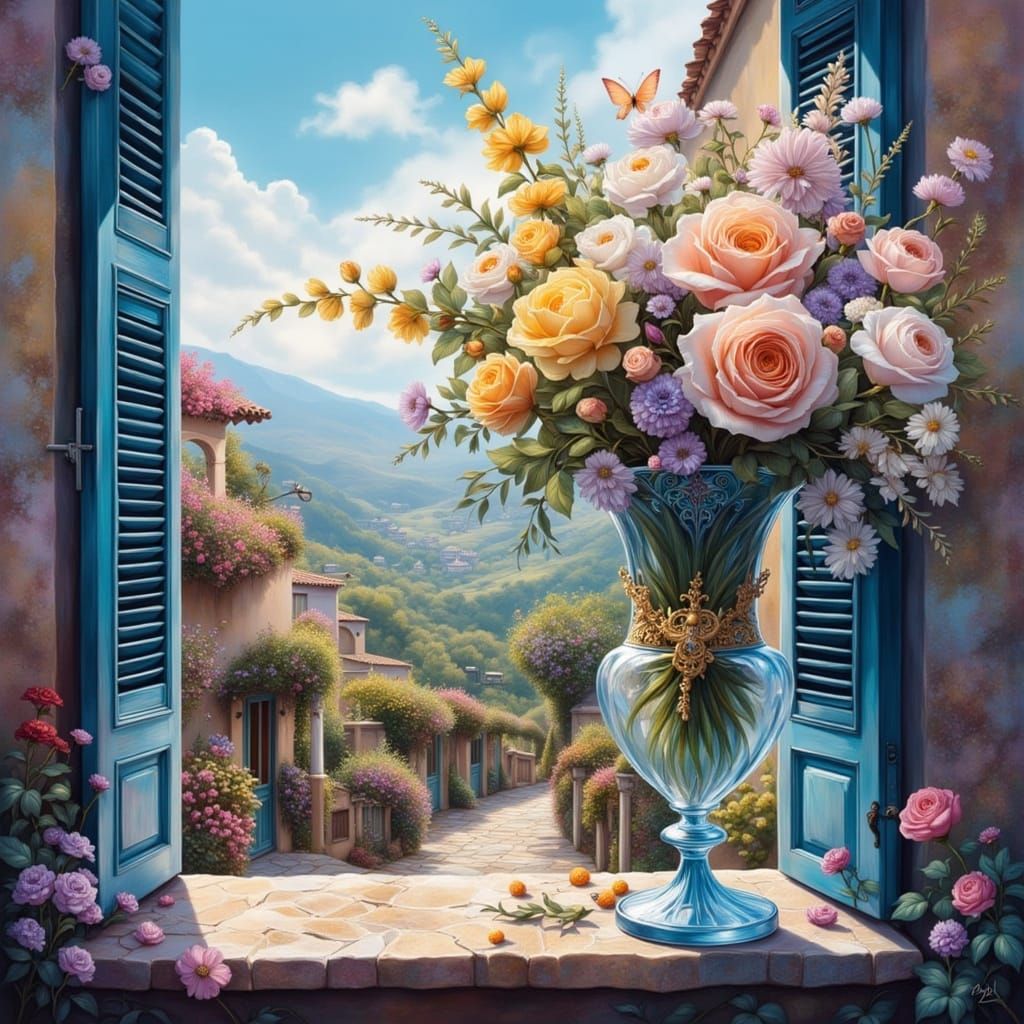 Crystal Vase Overflowing with Flowers in Maximalist Style