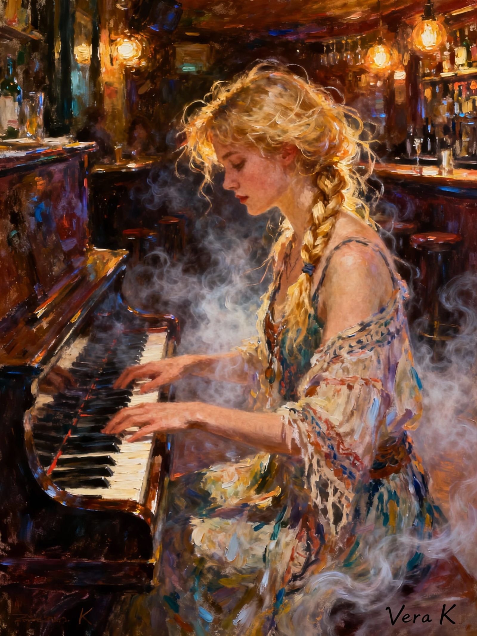 Boho Woman Plays Piano in Dimly Lit Bar