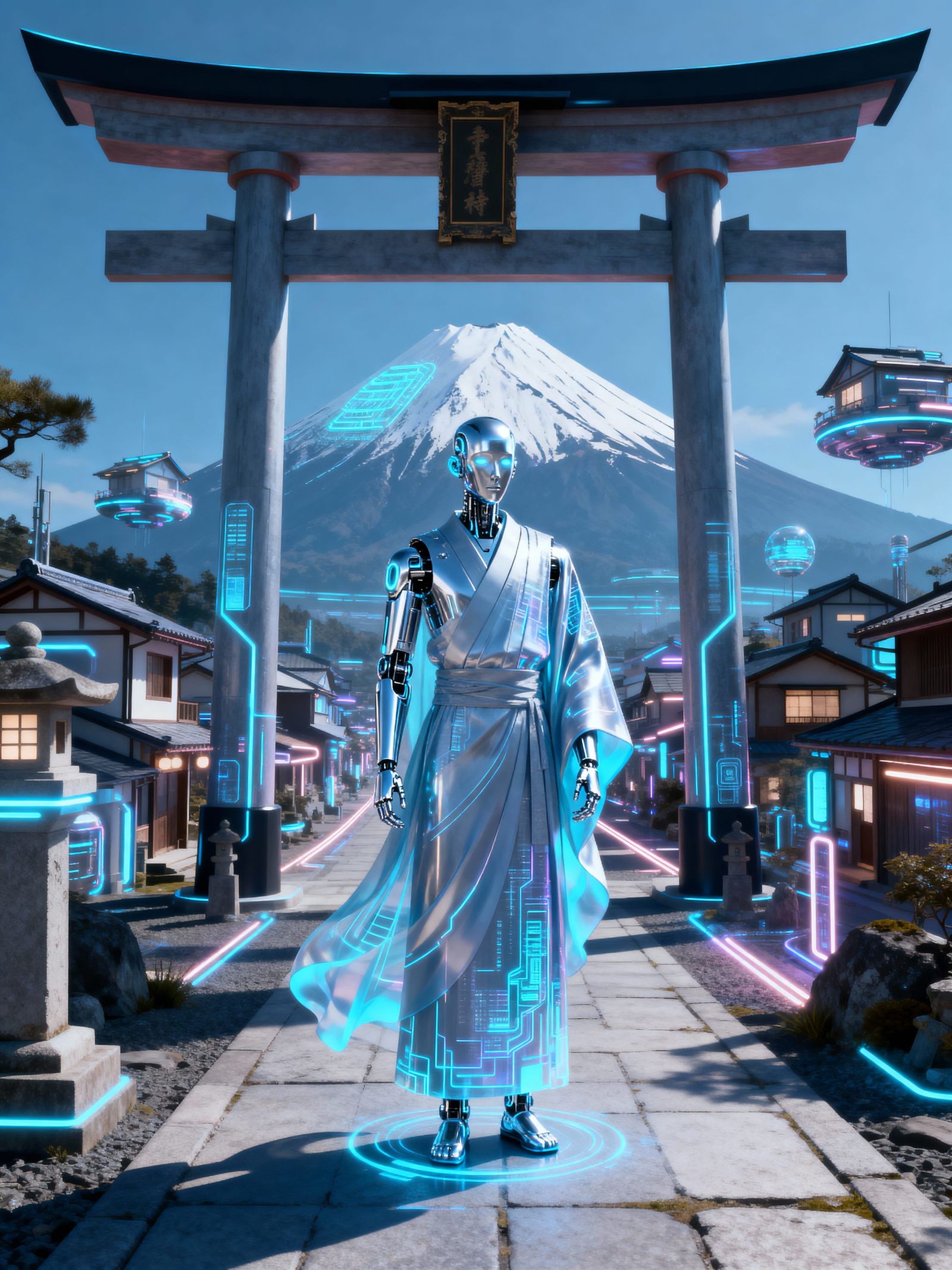 Futuristic Shinto Temple with Android Priest in 2100