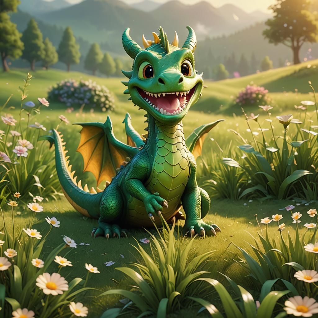 Cute Dragon Smiling in Sunny Meadow, Pixar-Style