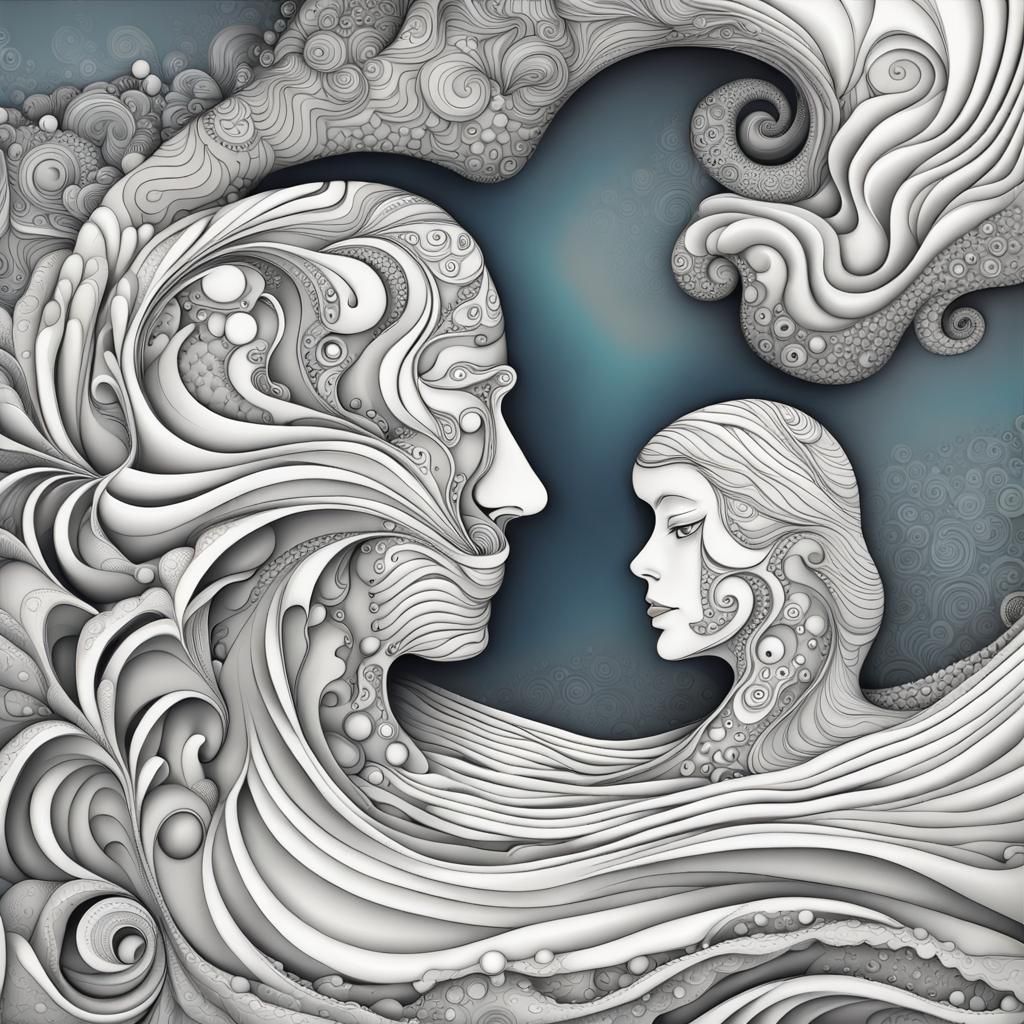 Loving Couple on Beach with Abstract Fractals
