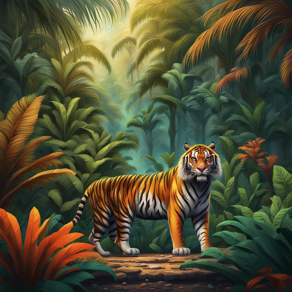 Tiger Face in Jungle: Detailed Matte Painting