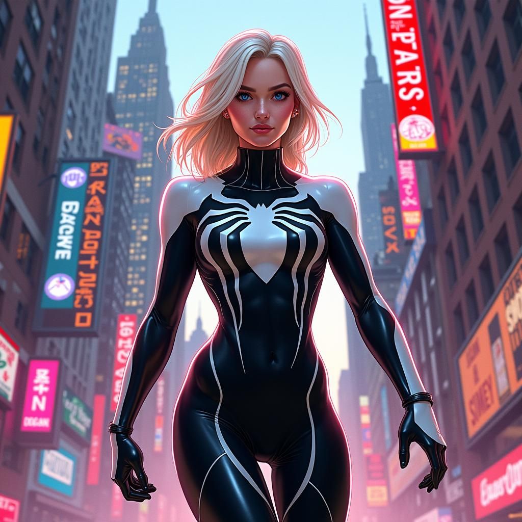 Ghost-Spider Heroic Pose in Comic Book Cityscape