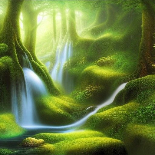 Ethereal Forest Waterfall Digital Art