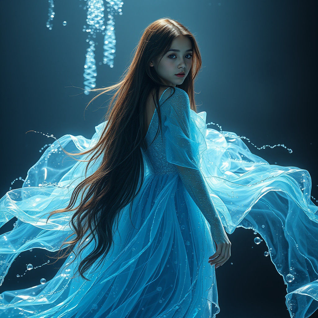 Ethereal Woman in Crystalline Water Gown