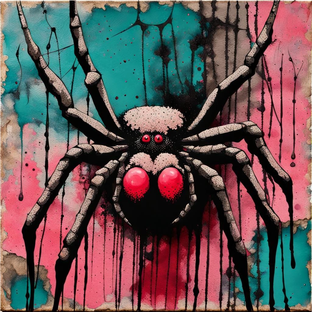 Ink Splatter Spider on Web in Abstract Style