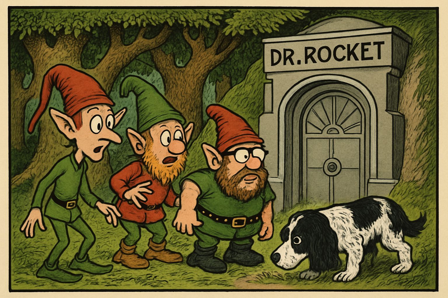 Sprites and Elves Discover Art Deco Lab, Cartoon Style