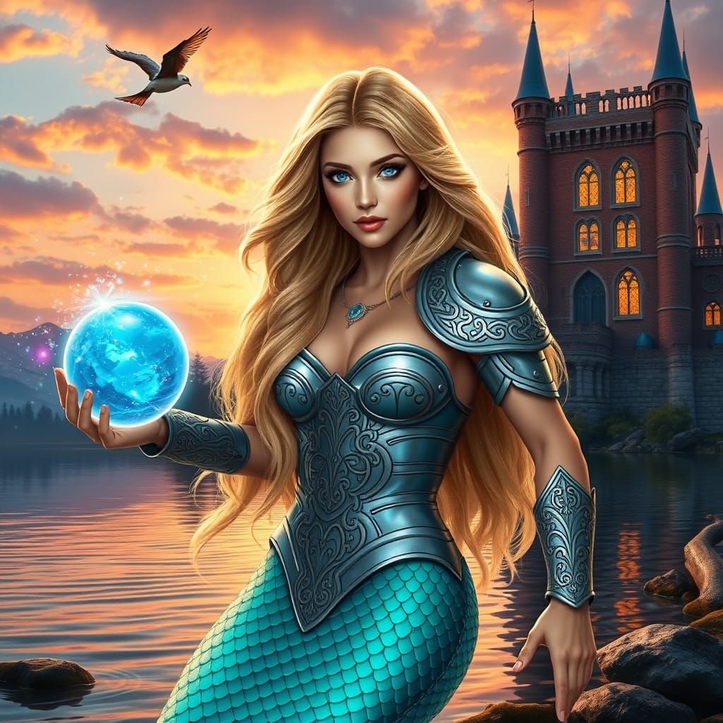 Cyberpunk Warrior Mermaid Goddess at Sunset