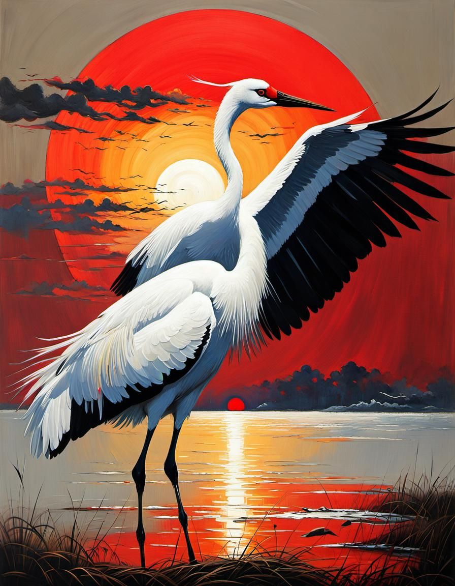 Japanese Crane Silhouette: Colorful Oil Painting