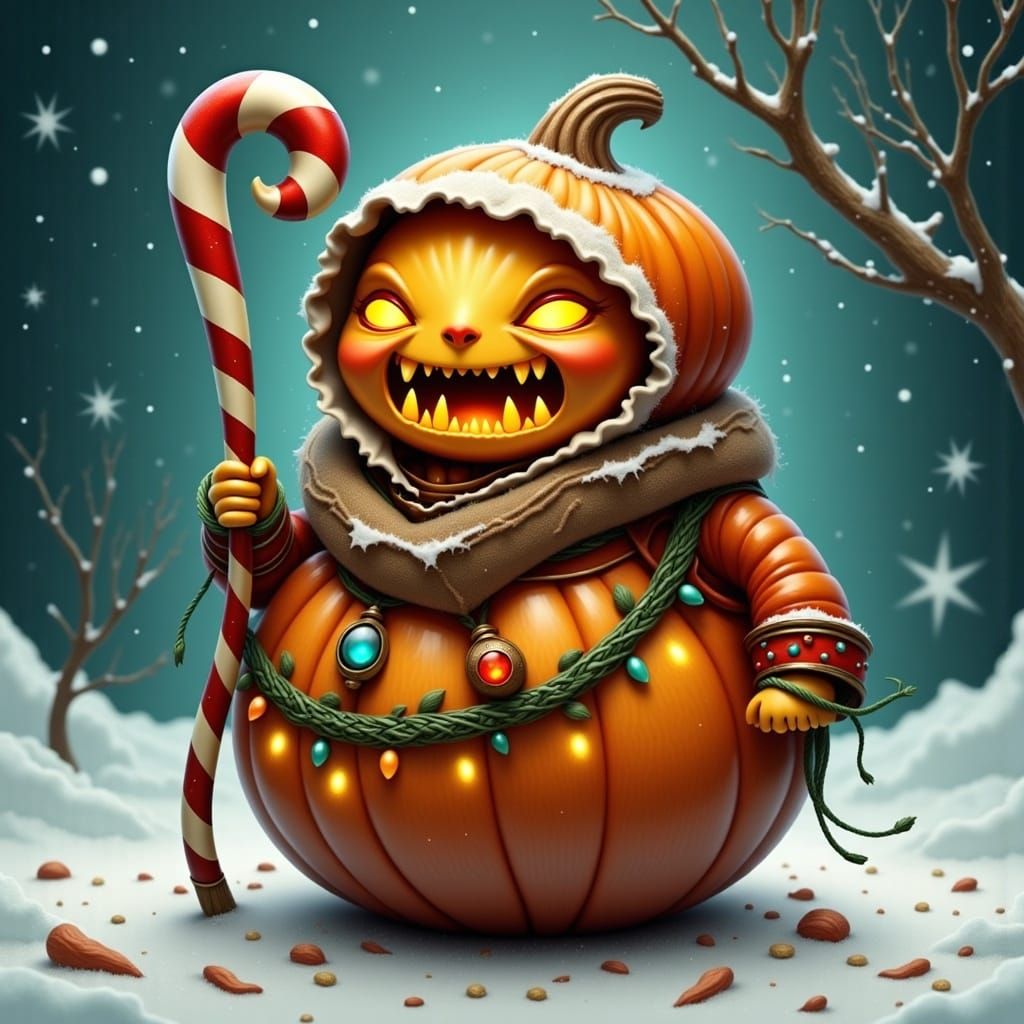 Festive Pumpkin Figure in Winter Snowfall