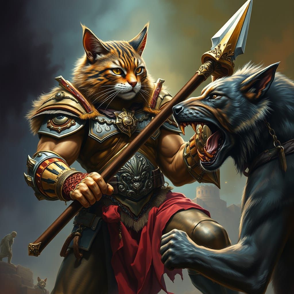 Fierce Cat Warrior Impales Dog in Heroic Fantasy Art
