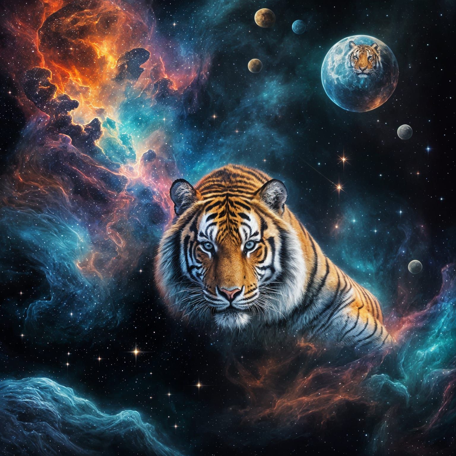 Surreal Cosmic Tiger Emerges from Celestial Voids