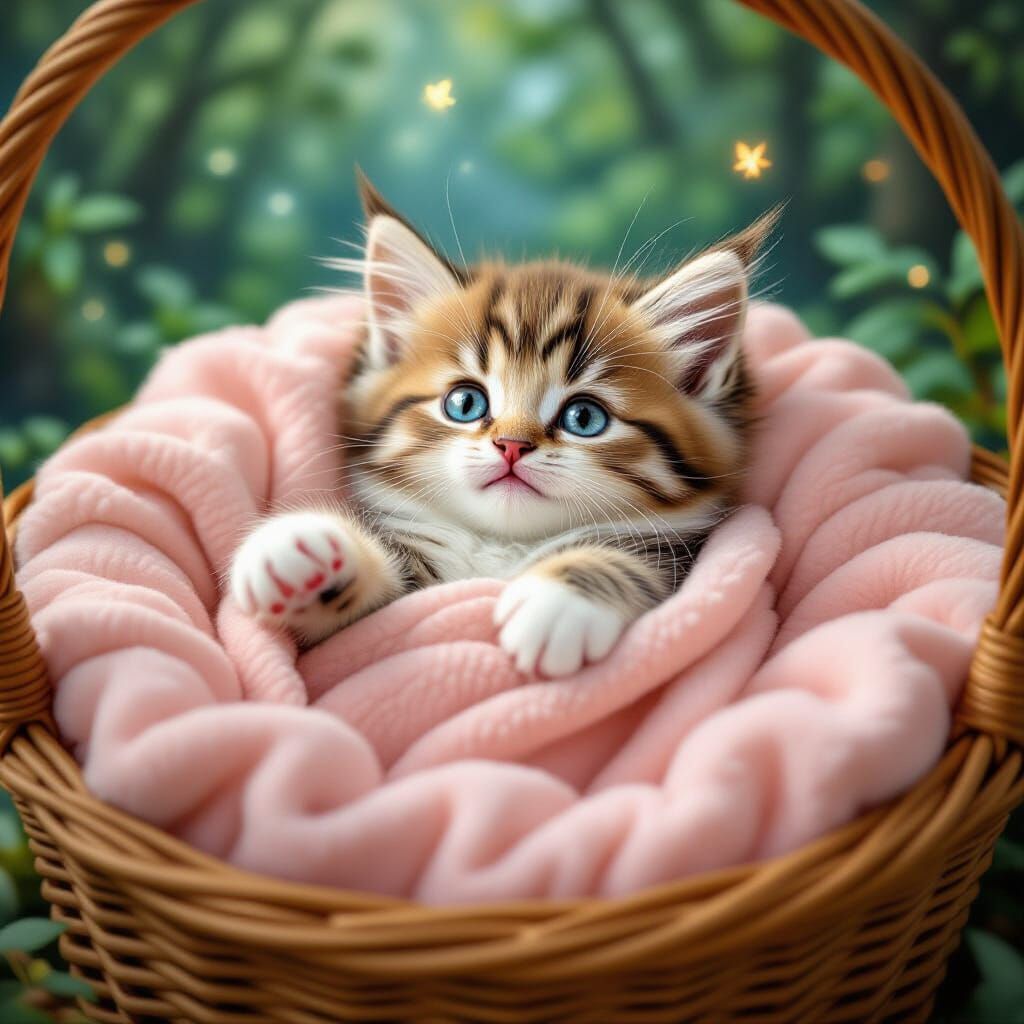 Fluffy Kitten in Basket with Enchanted Reflection