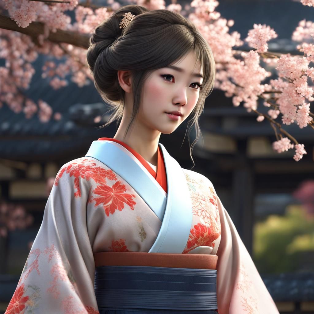 Beautiful Japanese Girl in Traditional Dress