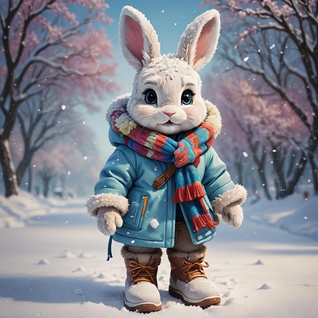 Adorable Snow Bunny in Winter Outfit, Hyperrealistic
