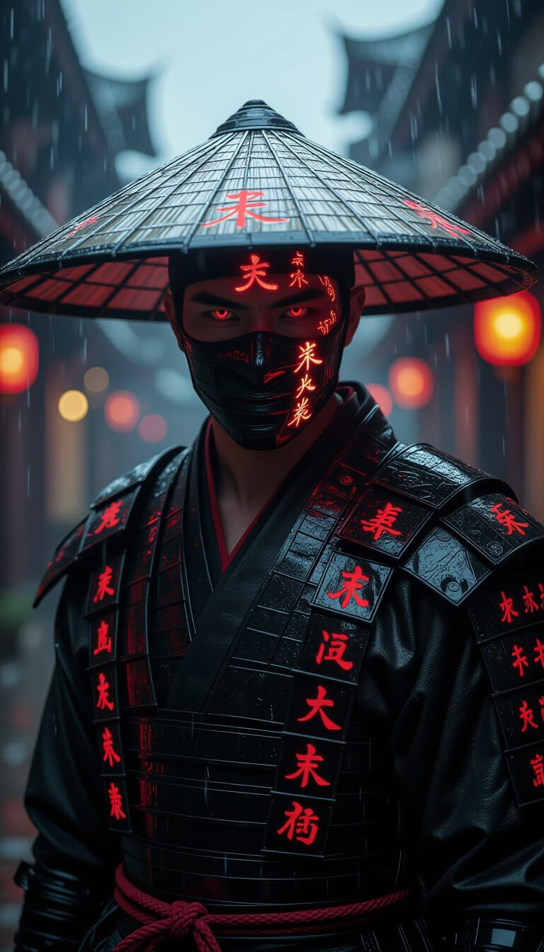 Neo-Feudal Cyberpunk Warrior with Red Glyphs