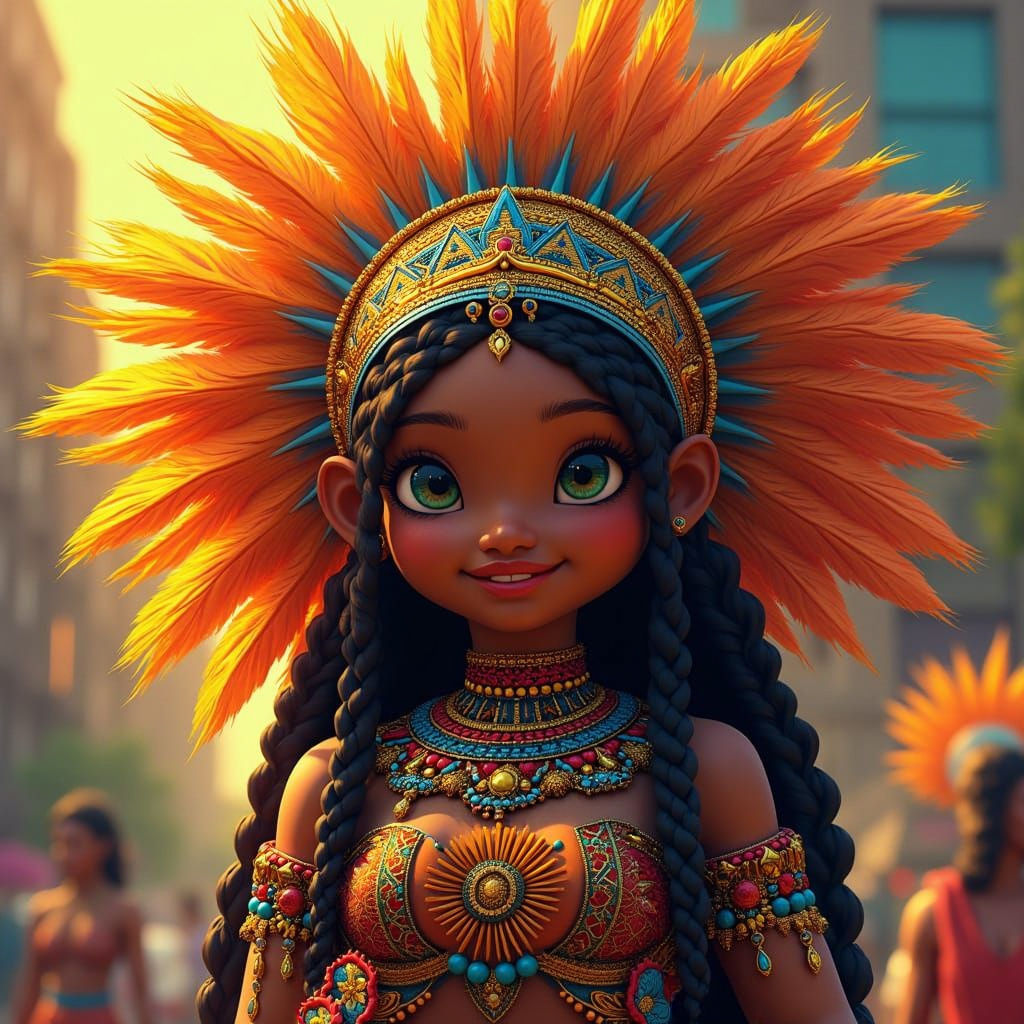 Vibrant Mardi Gras Indian Girl with Golden Eagles Pride