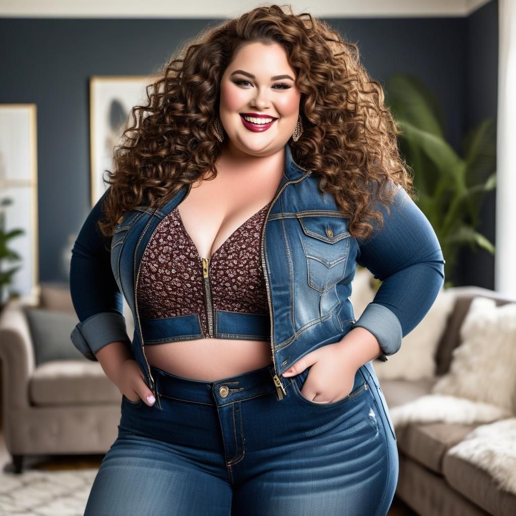 Beautiful Plus-Size Woman Zipping Jeans in Living Room