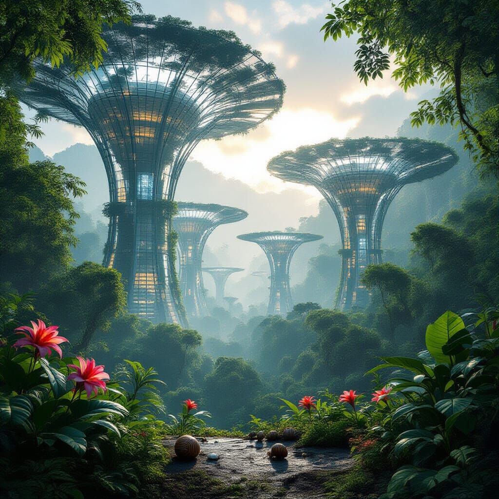 Futuristic Eco-City in Rainforest, Digital Art