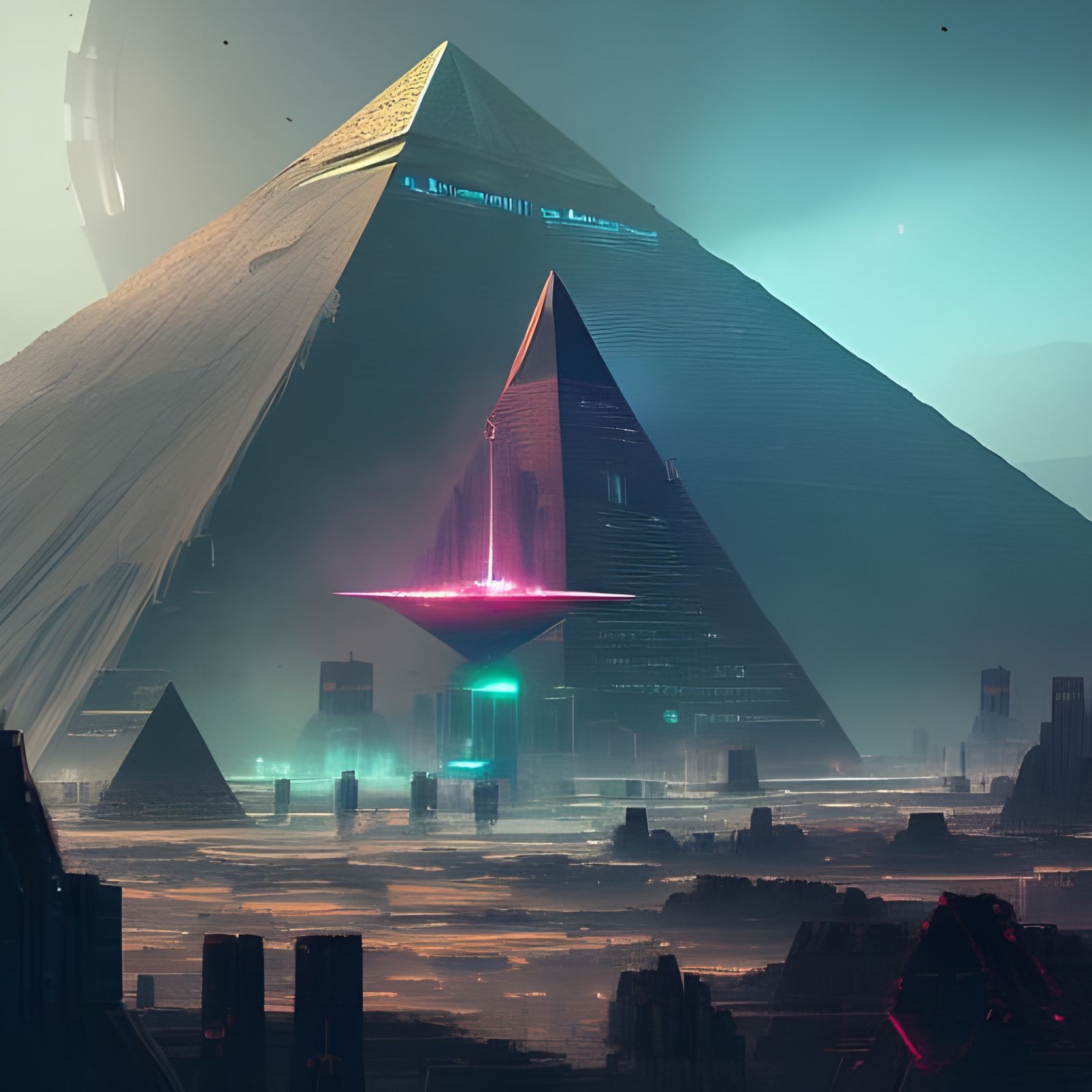Futuristic Cityscape with Alien Pyramid in Steampunk Style