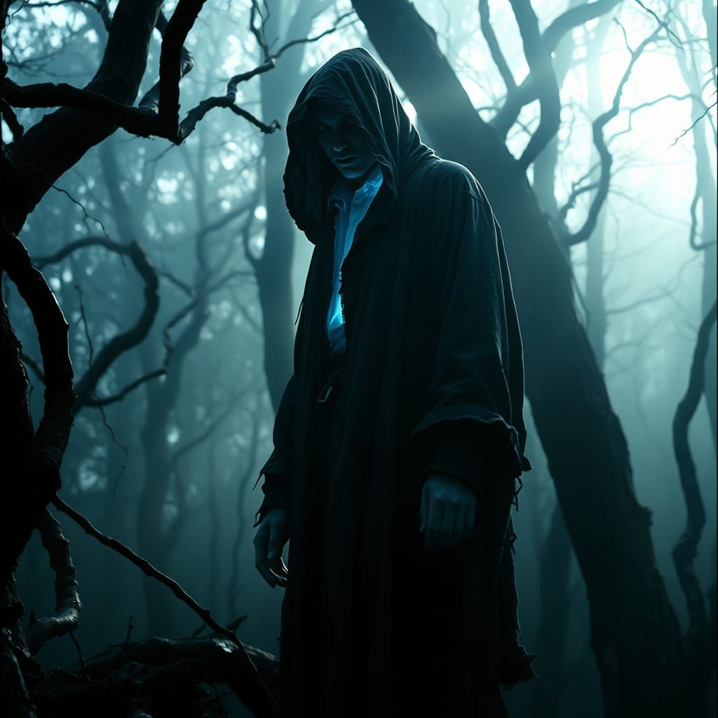 Ethereal Ghostly Figure in Misty Forest, Cinematic Style