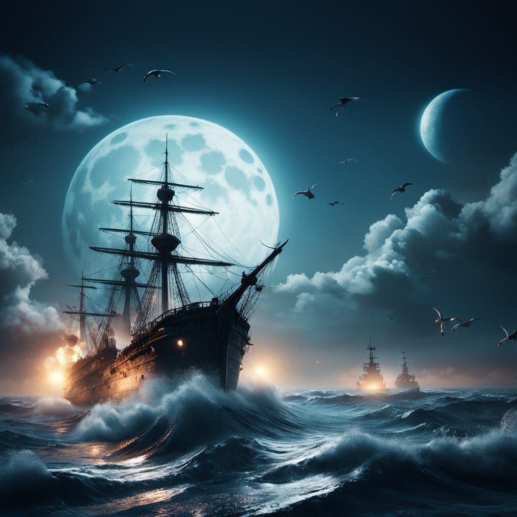 Epic Sea Battle Under Rising Moonlit Skies in Hyper-Realisti...